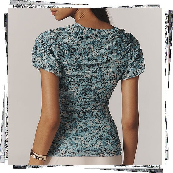 NWT: Blues Grays & Whites Floral Short Sleeve Shirred Mesh Top (S) - Picture 3 of 3